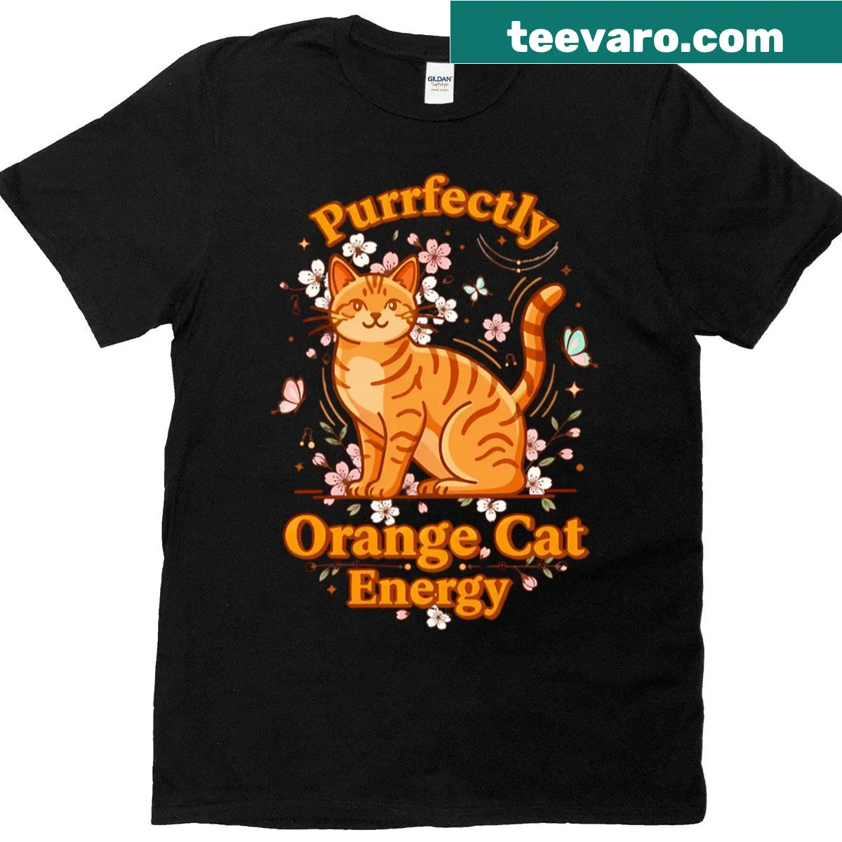 Whimsical orange cat illustration on oversized T-shirt — on a men's t-shirt