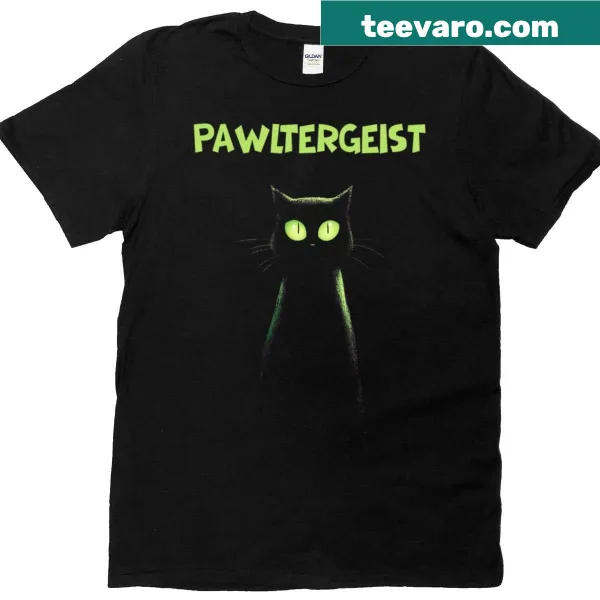 Funny Halloween T-shirt featuring the pun 'Pawltergeist' and a cat ghost
