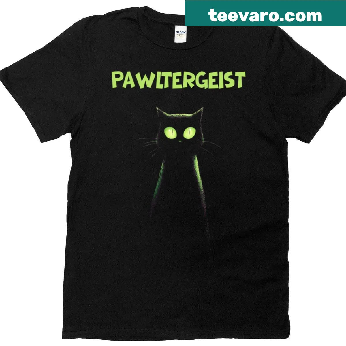 Funny Halloween T-shirt featuring the pun 'Pawltergeist' and a cat ghost — on a men's t-shirt