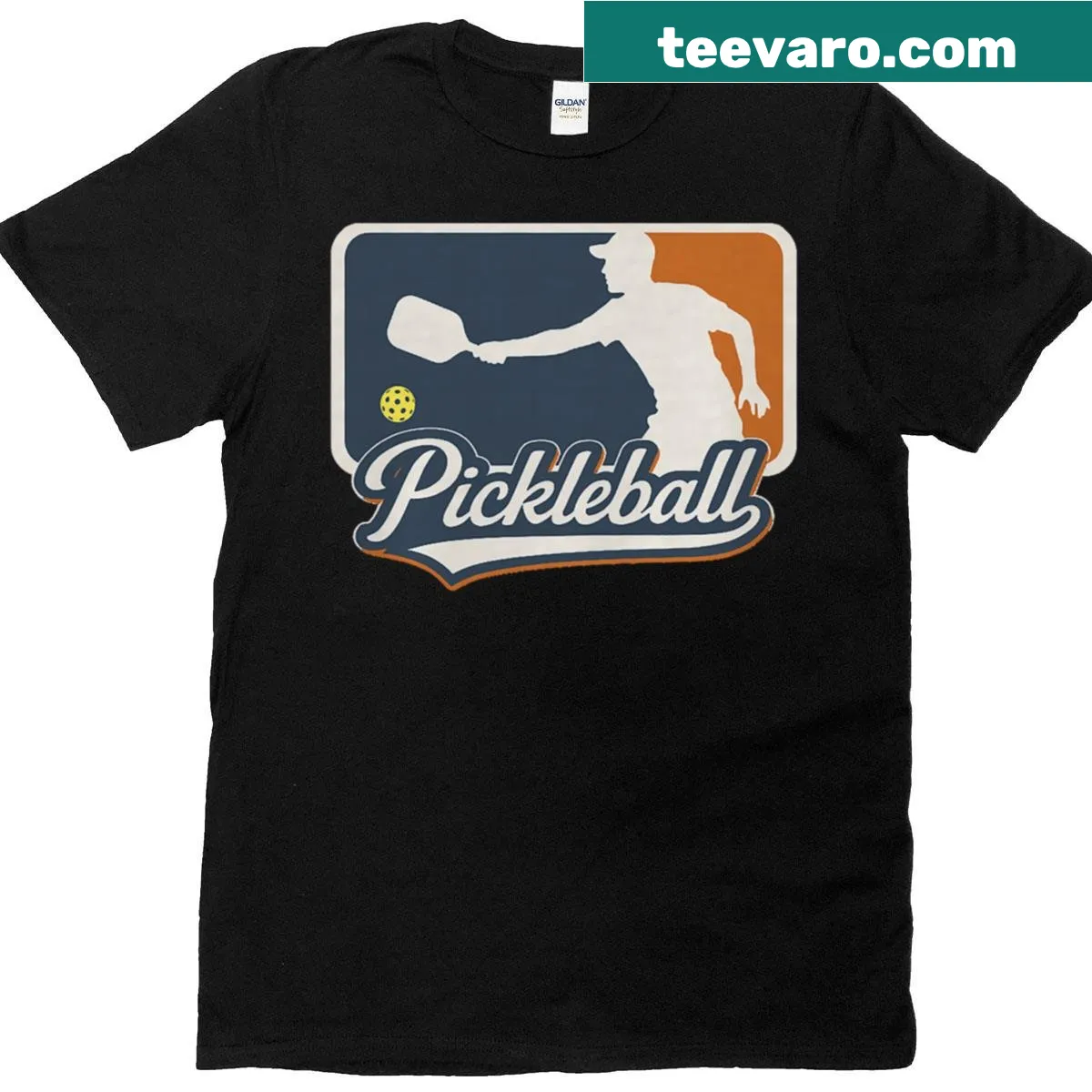 Vintage pickleball player emblem T-shirt — on a men's t-shirt