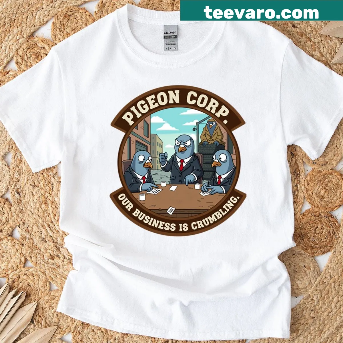Quirky t-shirt featuring a humorous corporate pigeon illustration — on a men's t-shirt