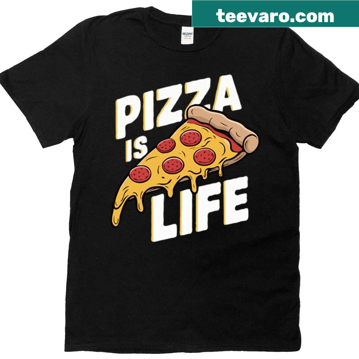 Funny shirt featuring dripping pepperoni pizza slice graphic — on a men's t-shirt