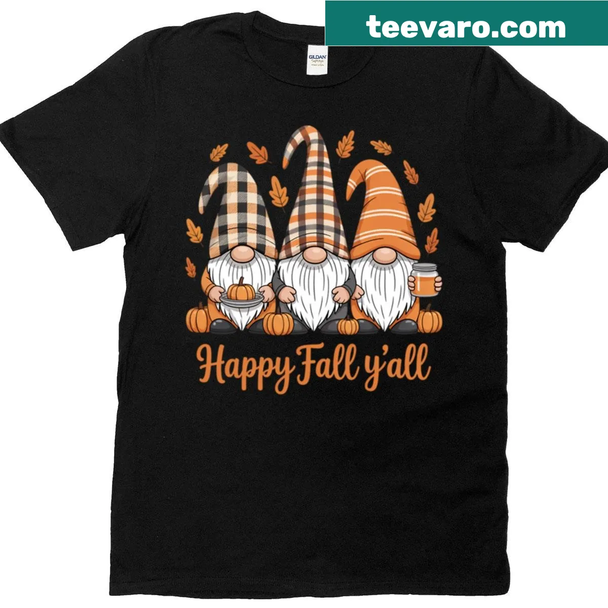 Cute gnomes in plaid hats next to pumpkins for fall — on a men's t-shirt