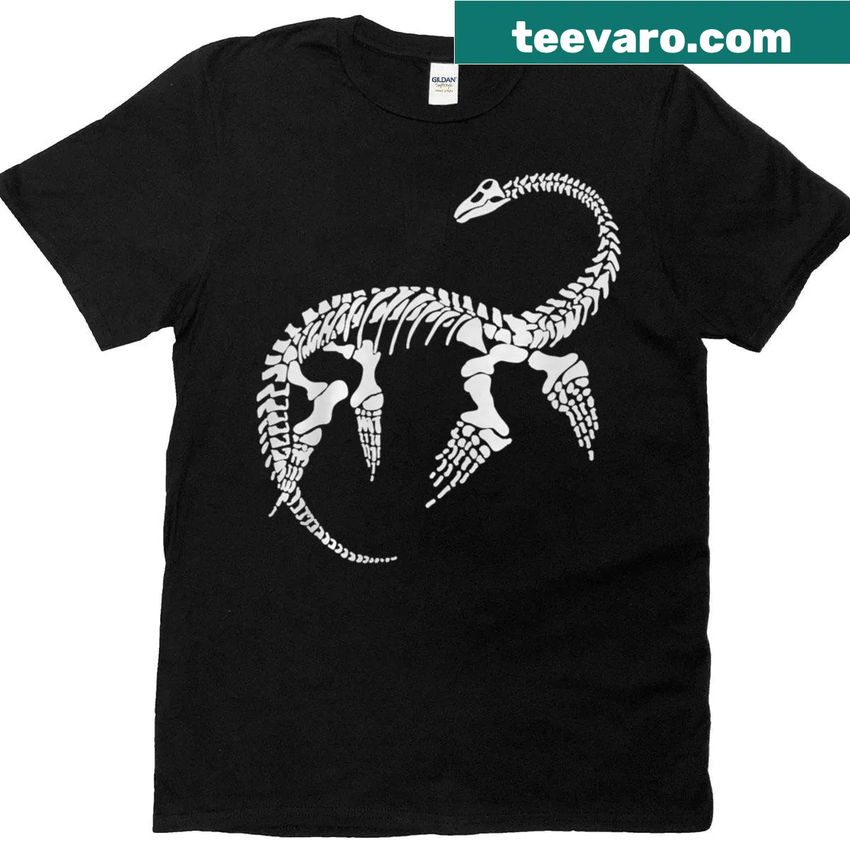 Illustration of a Plesiosaurus fossil skeleton on a t-shirt — on a men's t-shirt