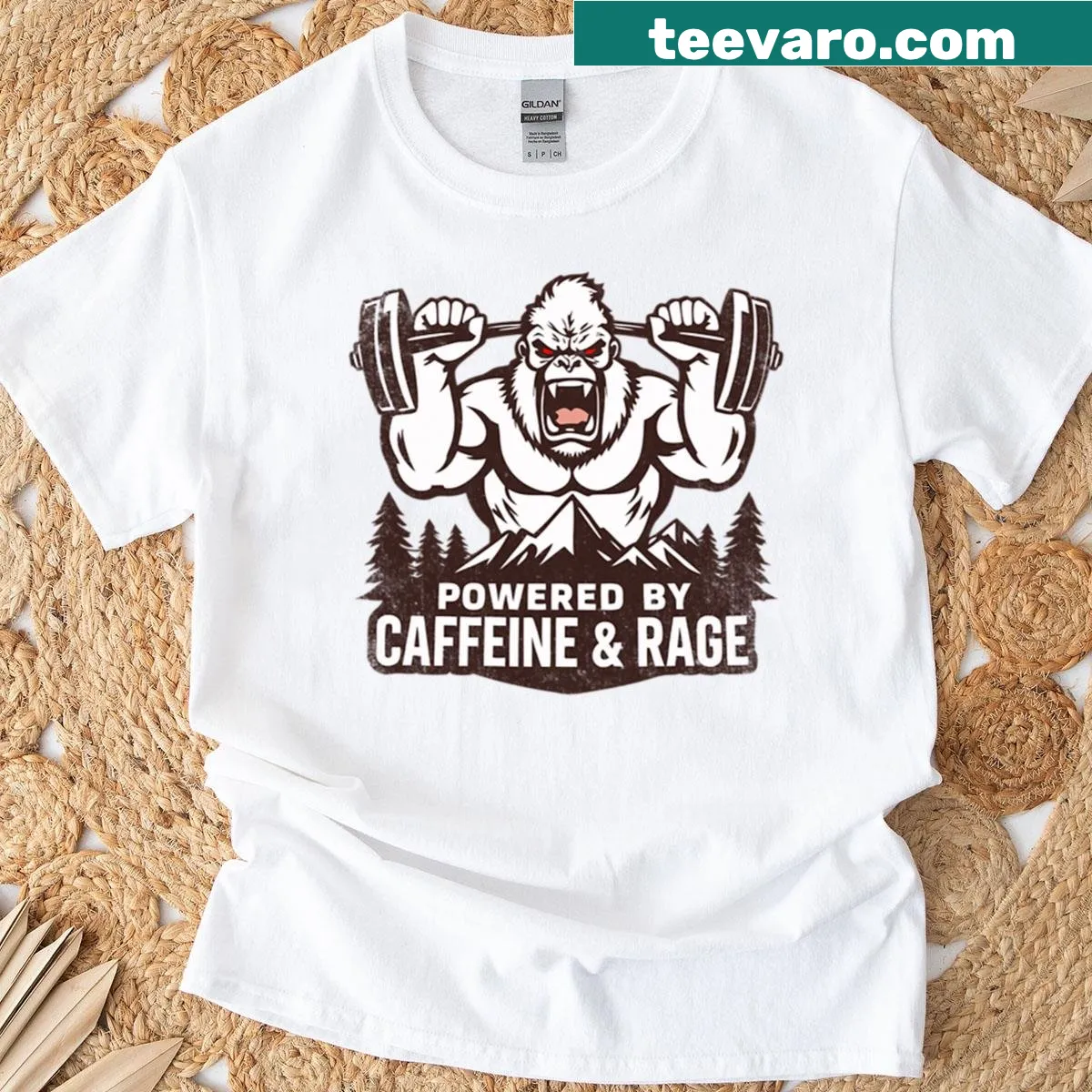 Oversized T-shirt featuring a gorilla and text 'Powered By Caffeine And Rage' — on a men's t-shirt