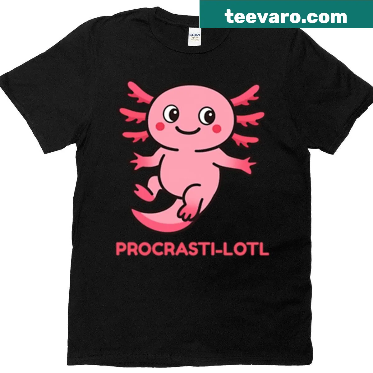 Cartoon axolotl with text 'Procrasti-lotl' on T-shirt — on a men's t-shirt