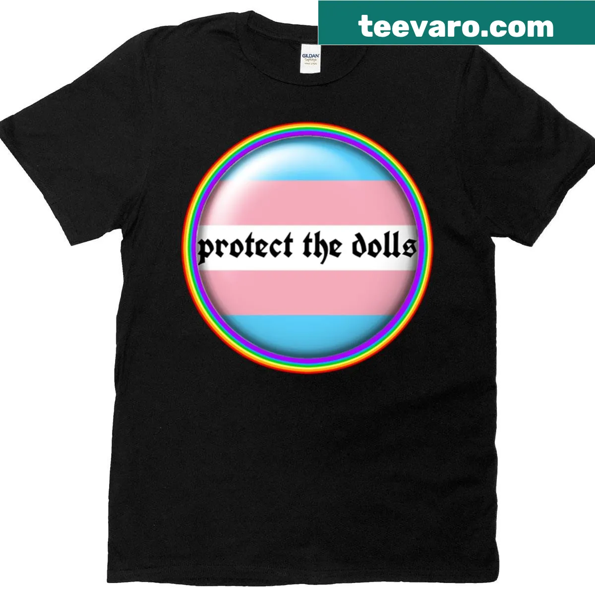 Trans pride flag design in a rainbow circle on a t-shirt — on a men's t-shirt