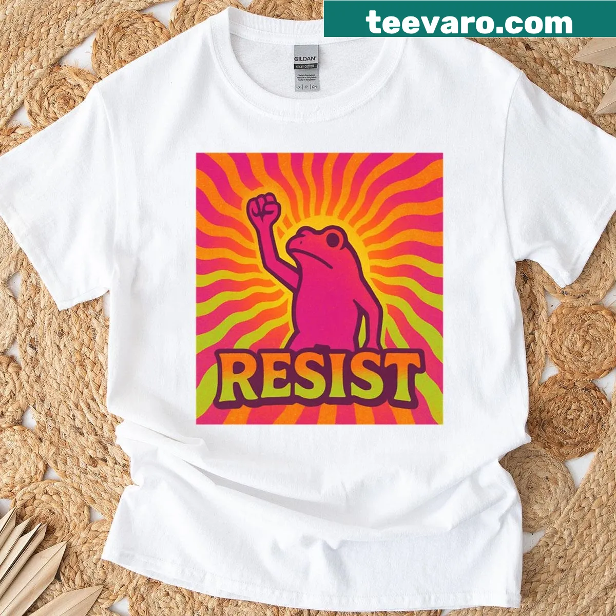 Psychedelic frog design with a message of resistance — on a men's t-shirt