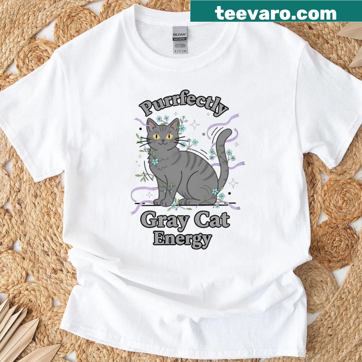 Illustration of a gray cat representing wholesome energy — on a men's t-shirt