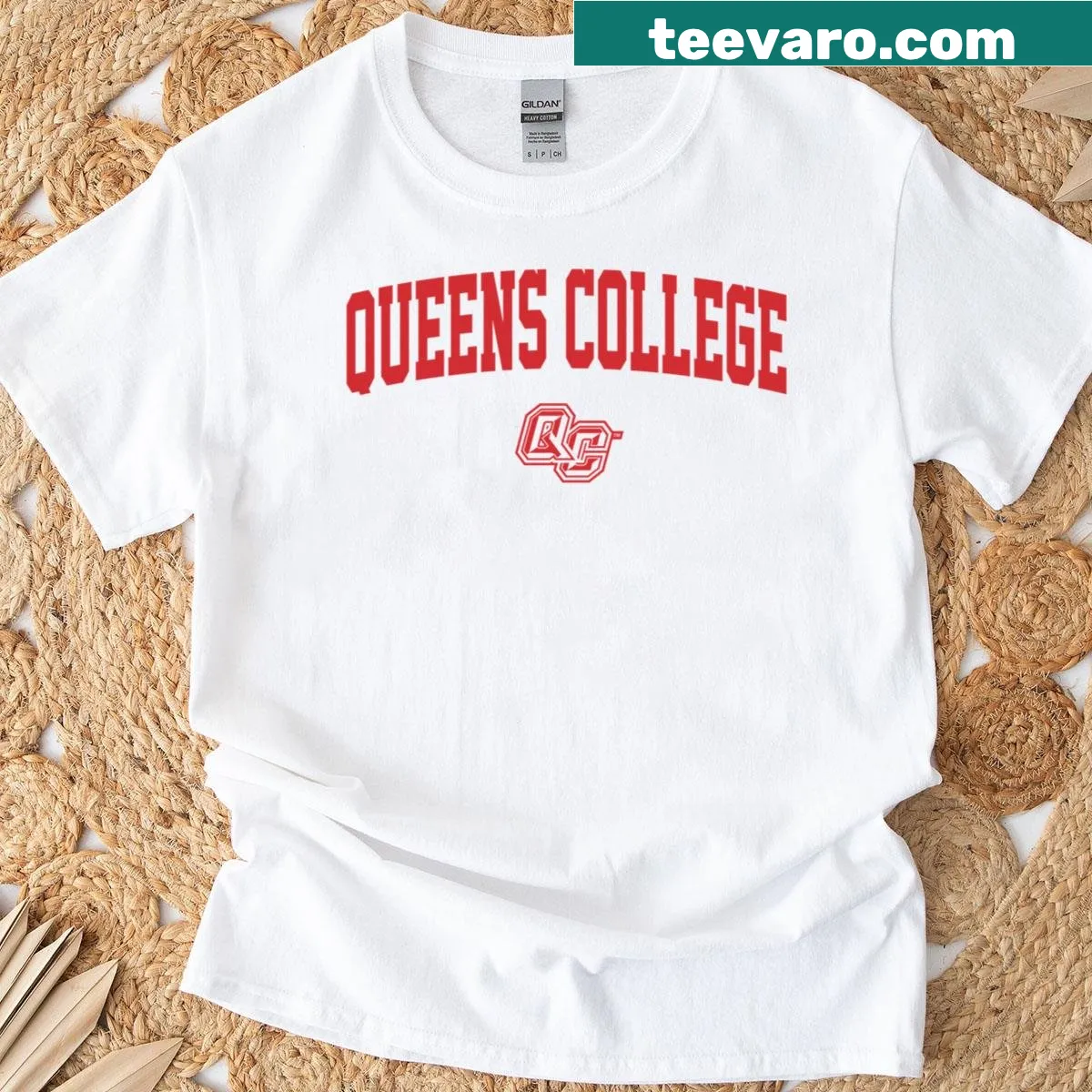 Queens College Knights logo T-shirt with arched text design — on a men's t-shirt