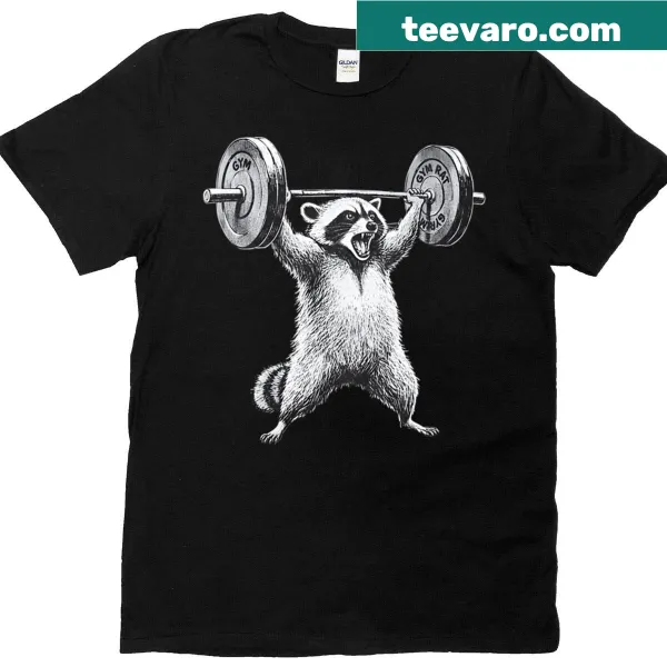 Funny raccoon lifting weights workout T-shirt