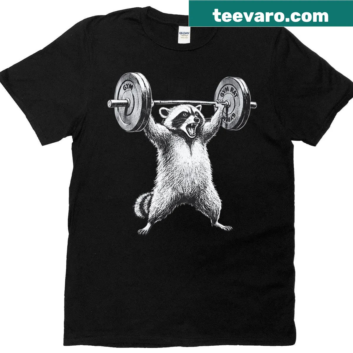 Funny raccoon lifting weights workout T-shirt — on a men's t-shirt