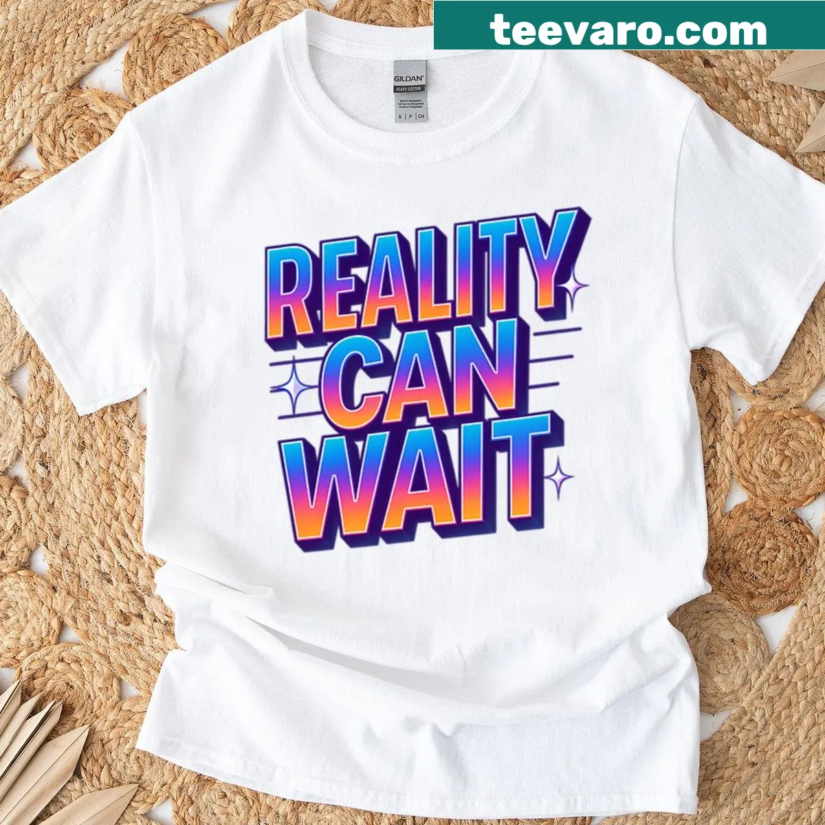Retro neon shirt with a playful quote about reality — on a men's t-shirt