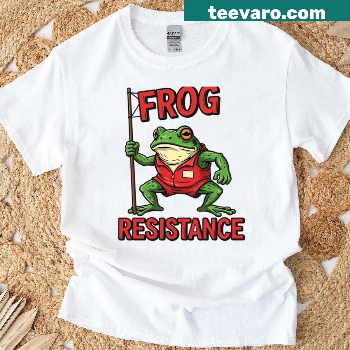 Funny cartoon frog in protest gear on a T-shirt. — on a men's t-shirt