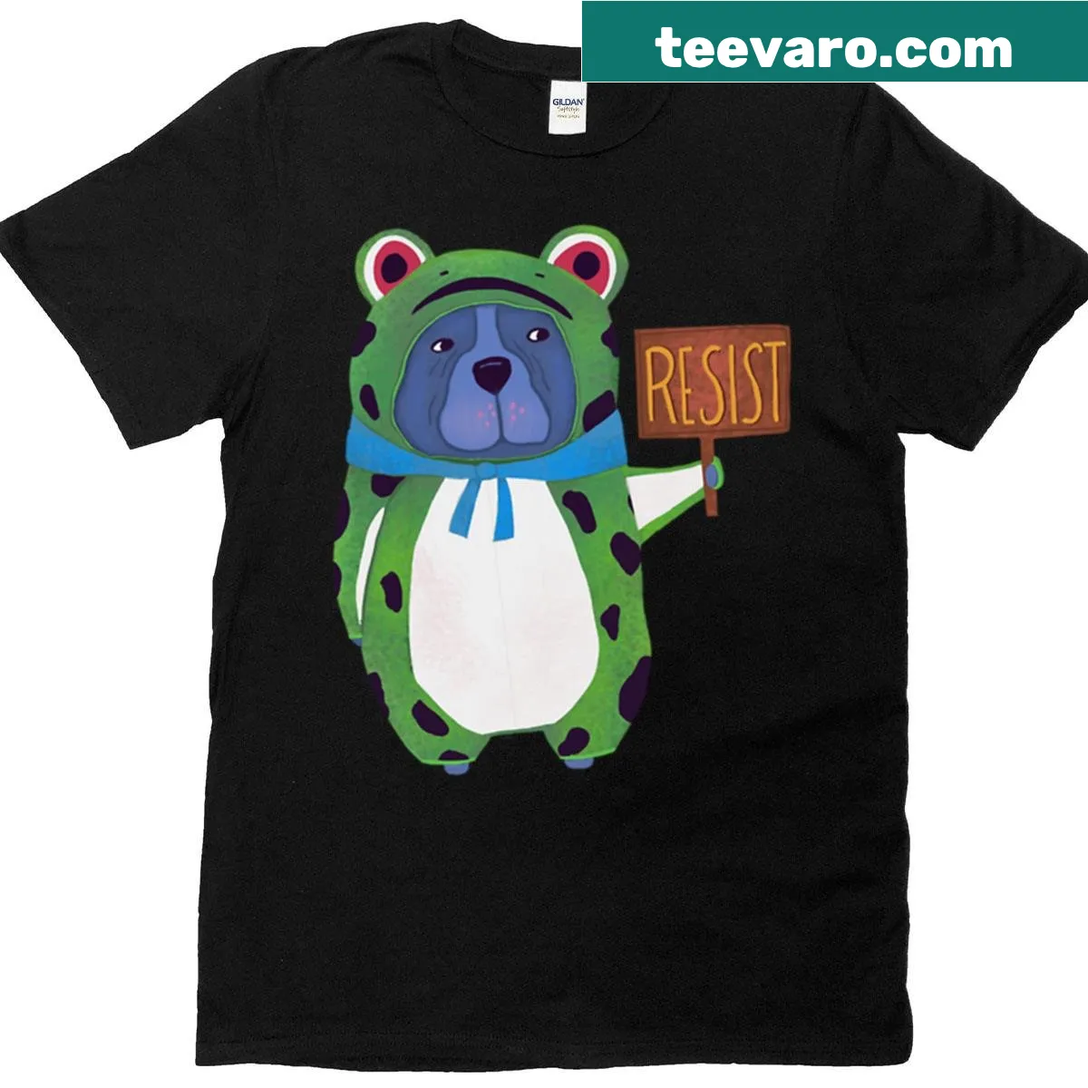 Whimsical protest frog illustration t-shirt — on a men's t-shirt