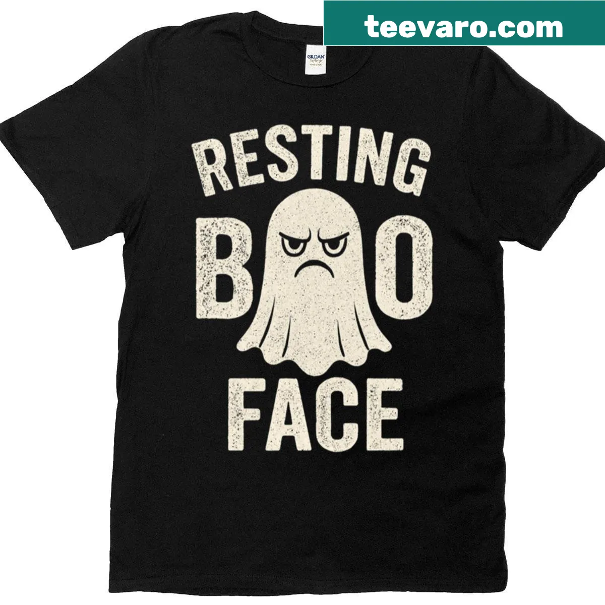 Grumpy ghost with 'Resting Boo Face' text in vintage style — on a men's t-shirt
