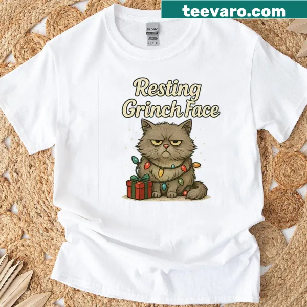 Grumpy cat Christmas shirt with 'Resting Grinch Face' text
