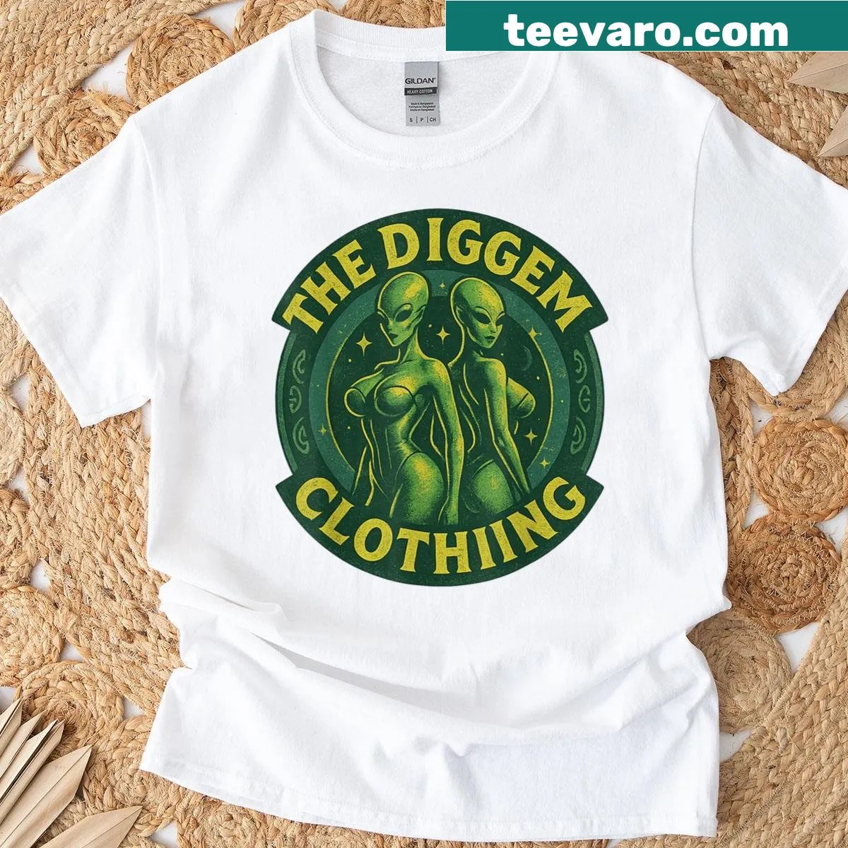 Vintage logo featuring a duo of retro aliens — on a men's t-shirt