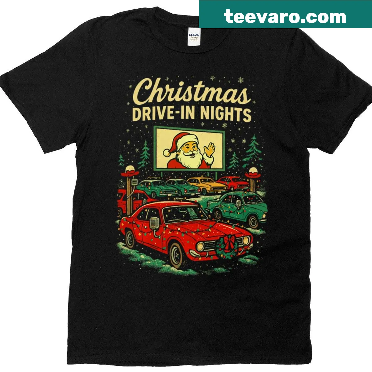 Vintage-style T-shirt with retro Christmas drive-in movie design — on a men's t-shirt