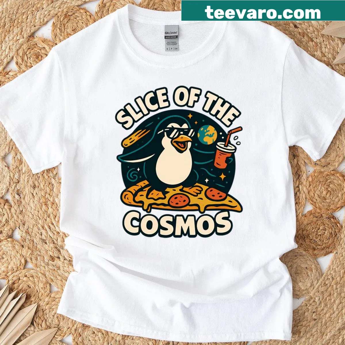 Retro penguin space pizza t-shirt — on a men's t-shirt