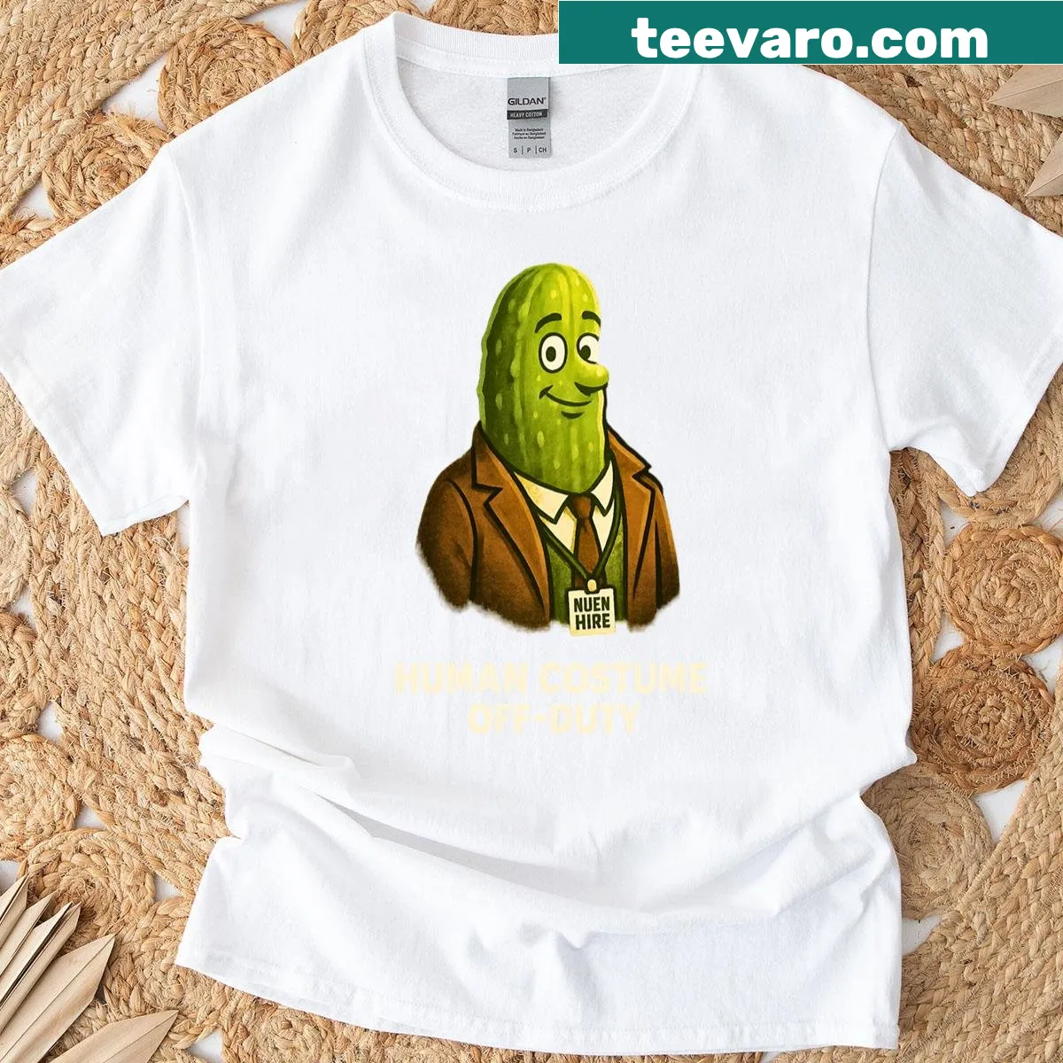 Vintage-style T-shirt featuring a cartoon pickle mascot dressed as a human. — on a men's t-shirt