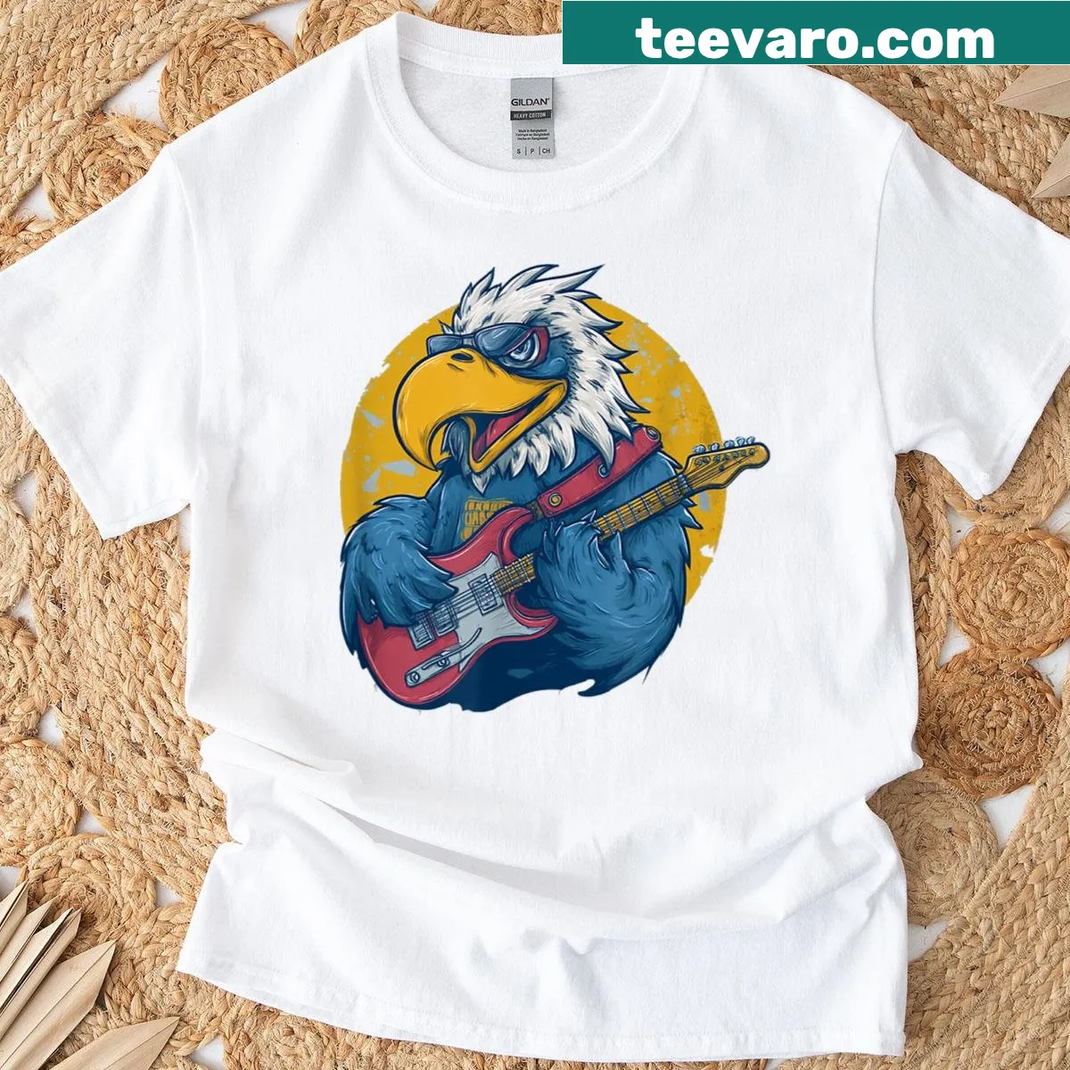 Cartoon eagle with guitar logo on a playful t-shirt — on a men's t-shirt