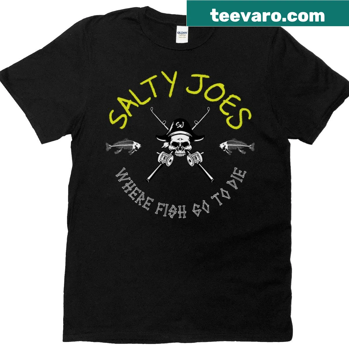 Salty Joe's graphic t-shirt featuring poles and skulls logo. — on a men's t-shirt
