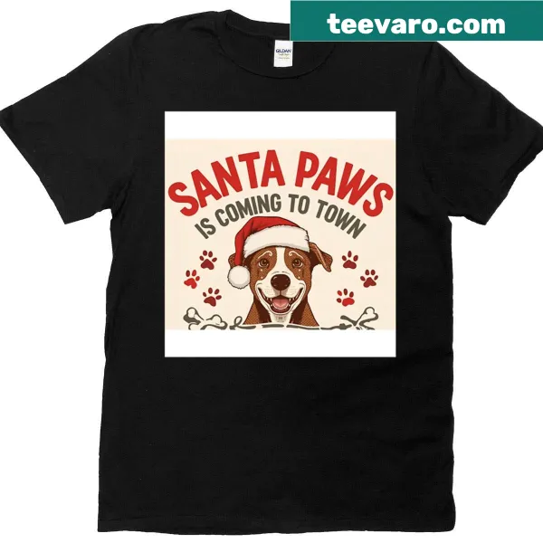 Whimsical Santa Paws illustration on a Christmas T-shirt