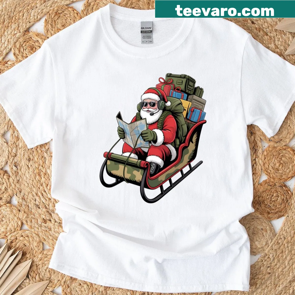 Funny illustration of Santa in tactical gear with sleigh. — on a men's t-shirt
