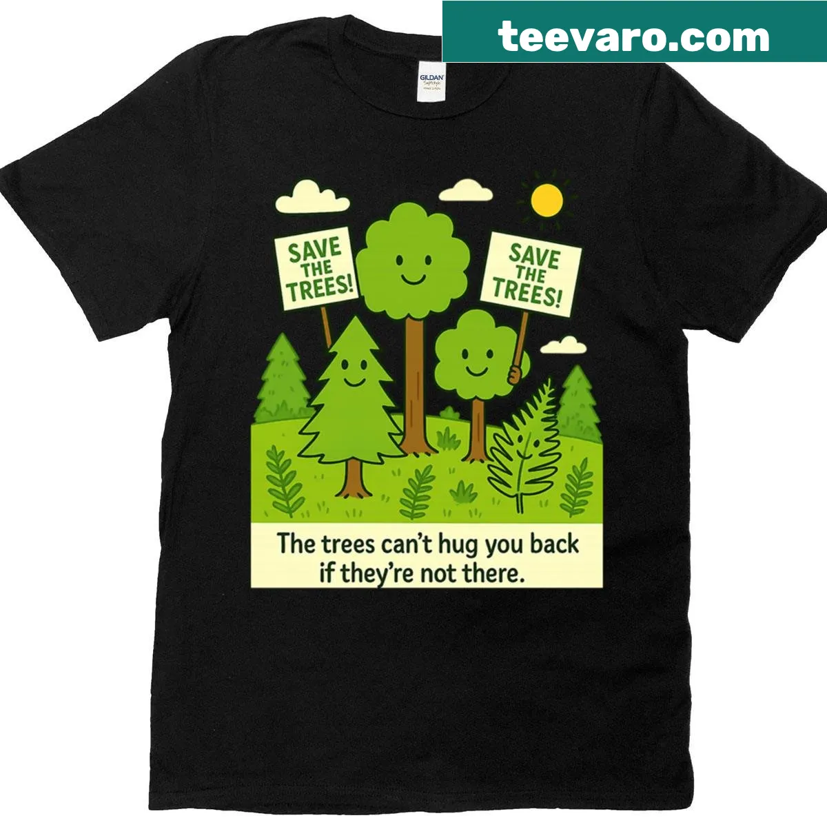 Cute environmental T-shirt with cartoon design advocating for tree preservation. — on a men's t-shirt