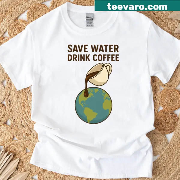 Playful shirt with text about saving water and drinking coffee.