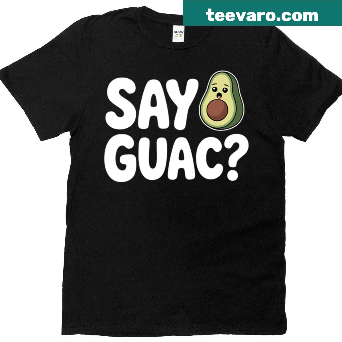 Funny avocado pun t-shirt with 'Say Guac' text — on a men's t-shirt