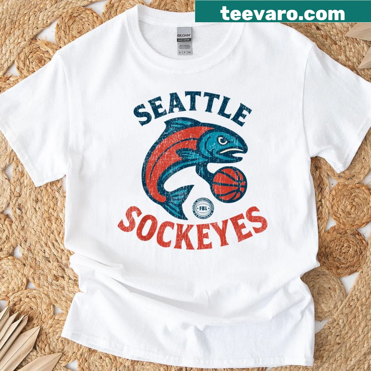 Retro hoops logo T-shirt featuring the Seattle Sockeyes 1970s logo — on a men's t-shirt