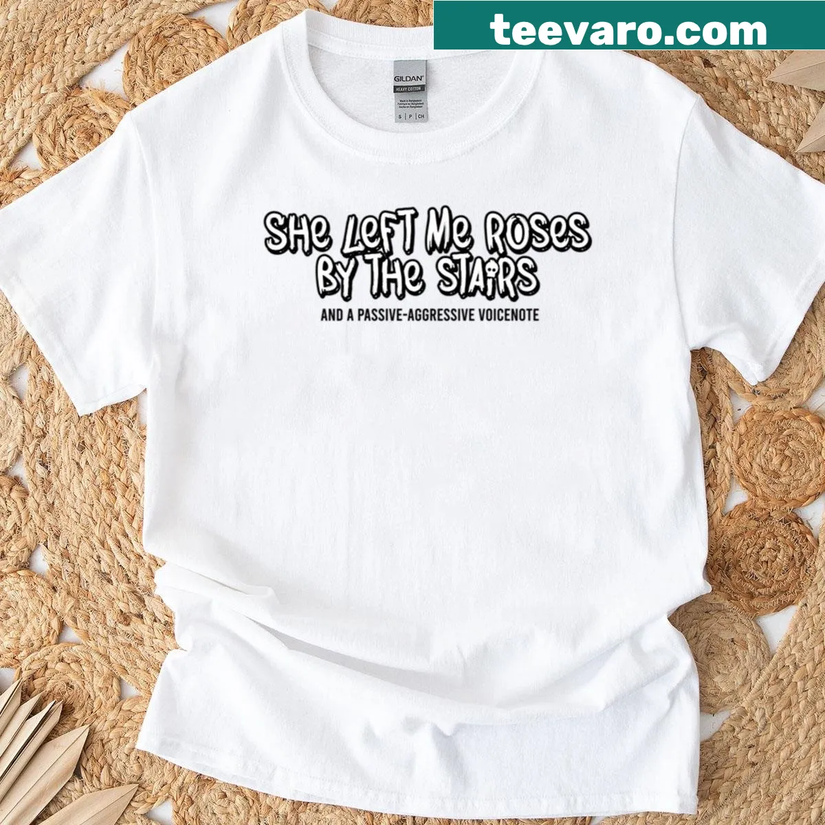 Funny T-shirt with passive-aggressive phrase about roses and voicenotes — on a men's t-shirt