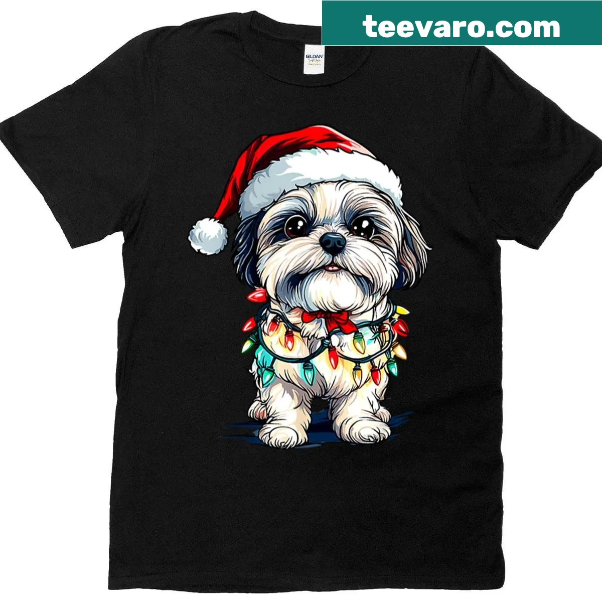 Shih Tzu Santa t-shirt with Christmas tree lights illustration — on a men's t-shirt