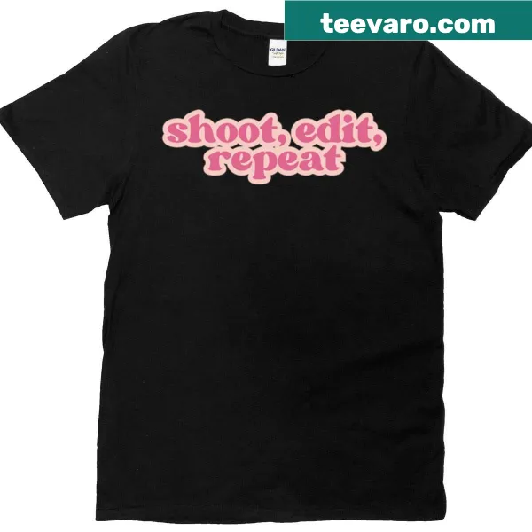 Photographer's shirt with 'Shoot Edit Repeat' text
