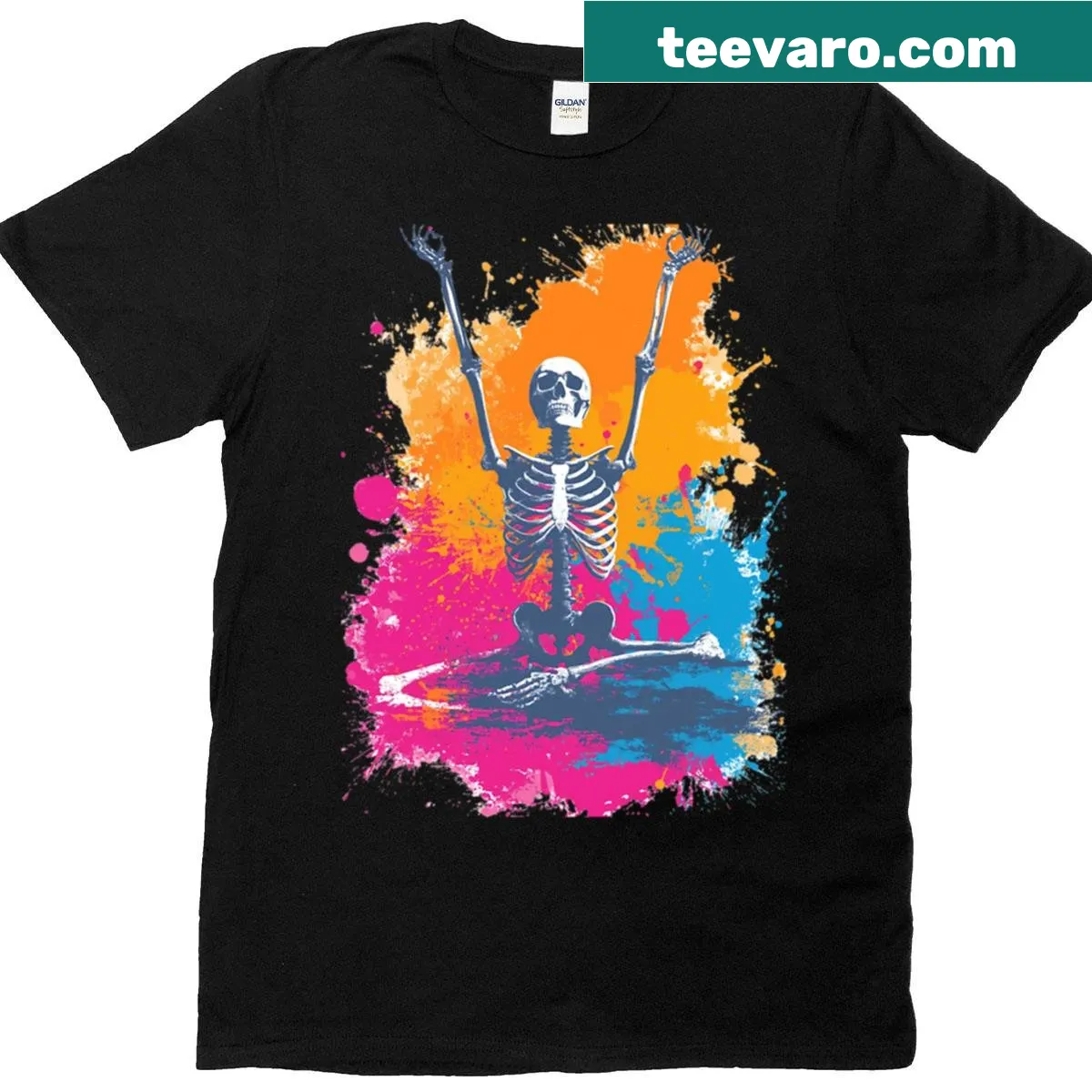 Funny T-shirt with a splatter art design of a meditating skeleton. — on a men's t-shirt