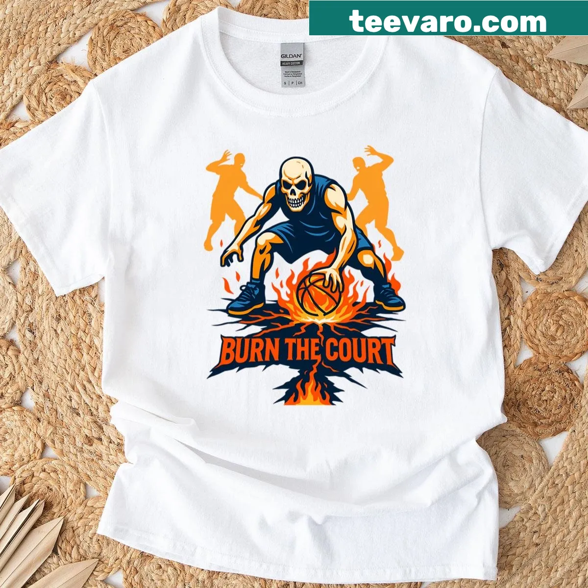 Skull illustration on burning basketball court graphic t-shirt — on a men's t-shirt