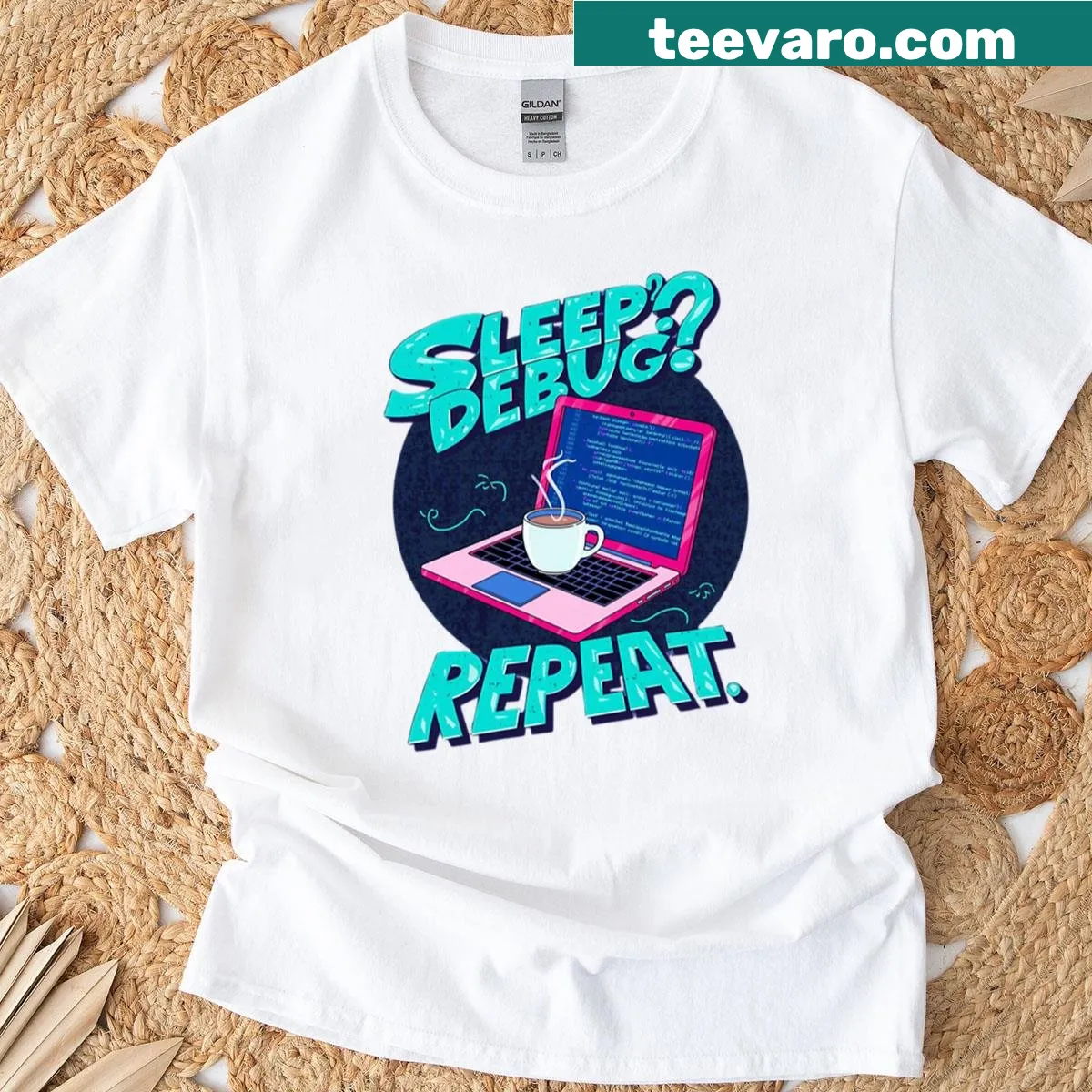 Pop art design featuring 'Sleep Debug Repeat' with laptop and coffee on t-shirt — on a men's t-shirt