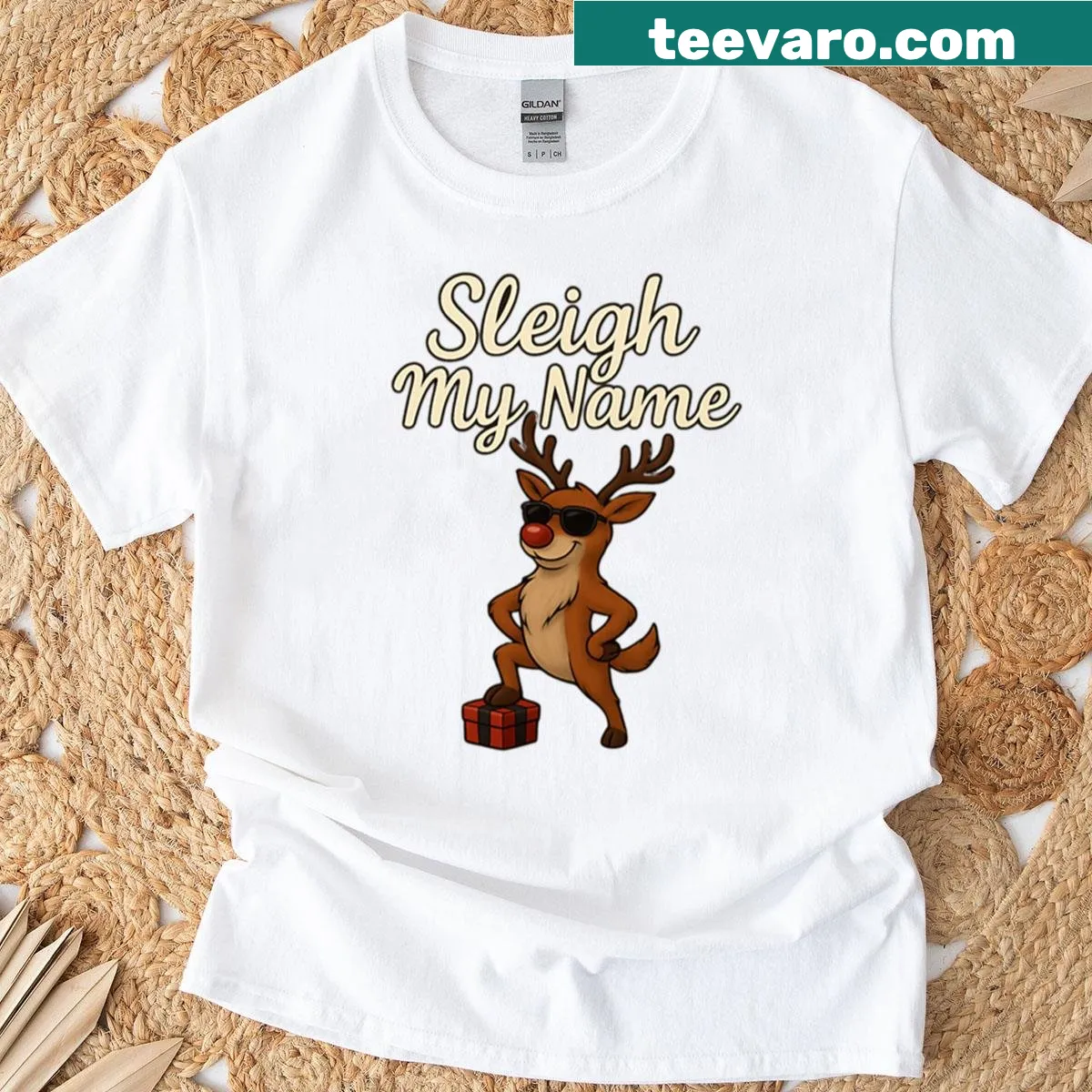 Playful typography reindeer design on a Christmas T-shirt — on a men's t-shirt