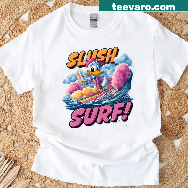 Cartoon duck surfing on a wave with a popsicle