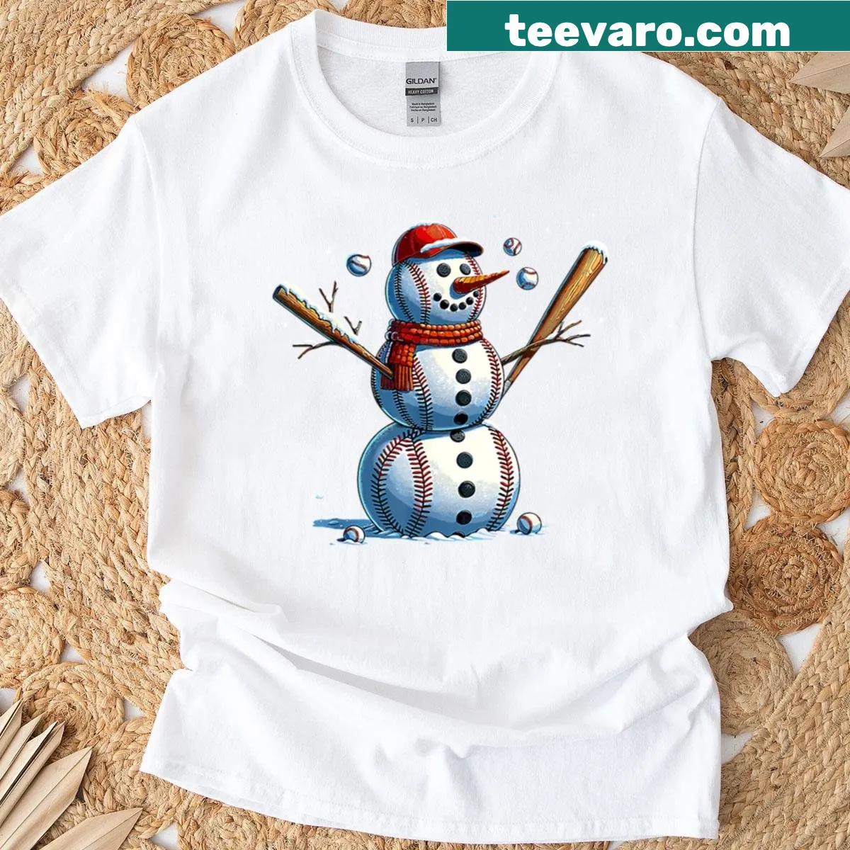 Whimsical snowman playing baseball graphic on a Christmas t-shirt — on a men's t-shirt