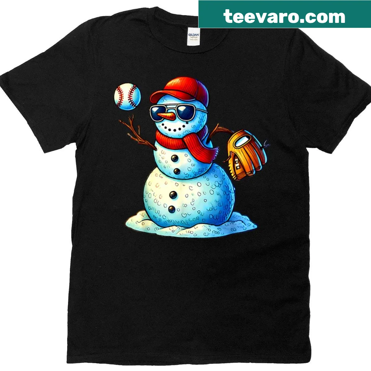 Cartoon snowman as a baseball pitcher on Christmas T-shirt — on a men's t-shirt