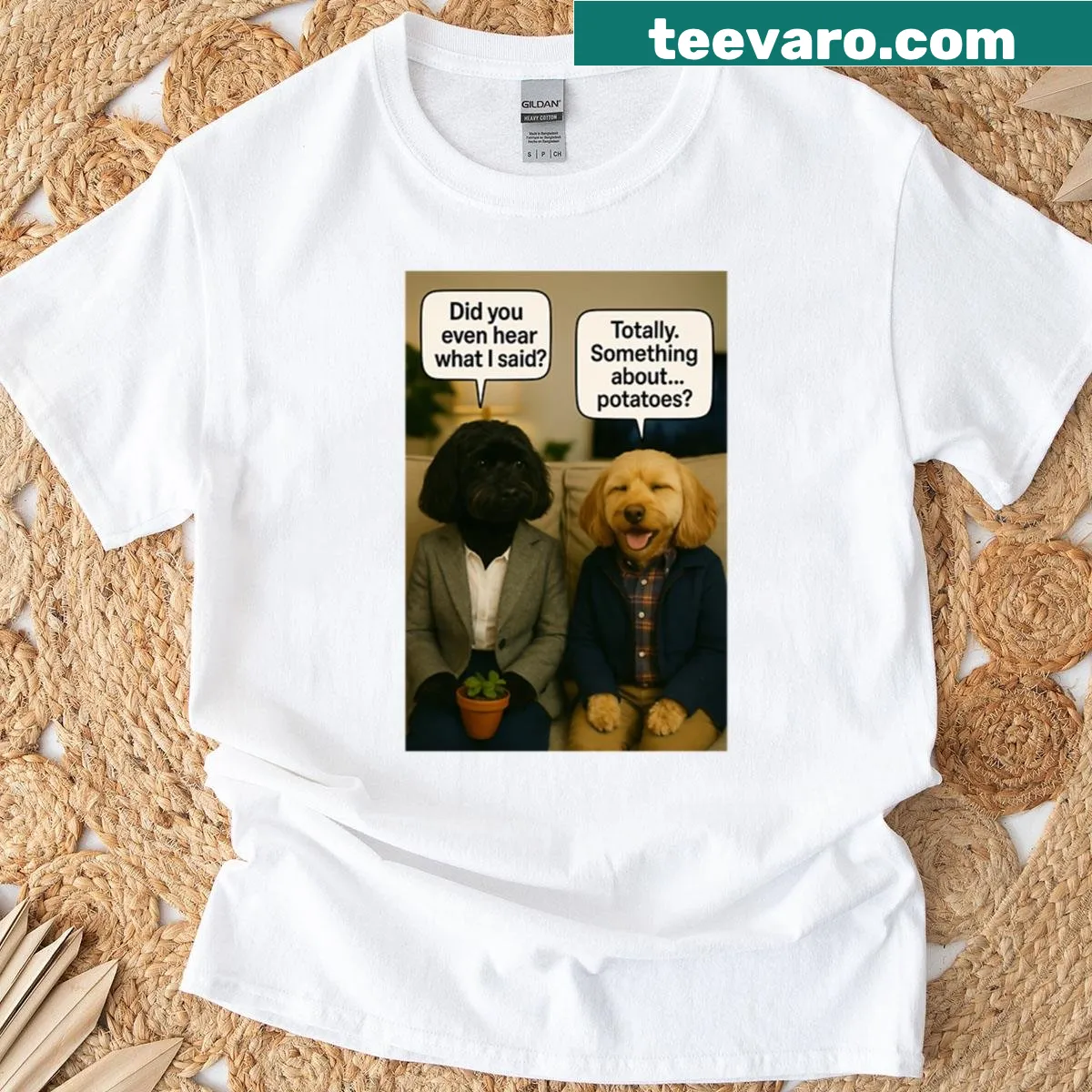 Funny potato-themed relationship meme T-shirt — on a men's t-shirt