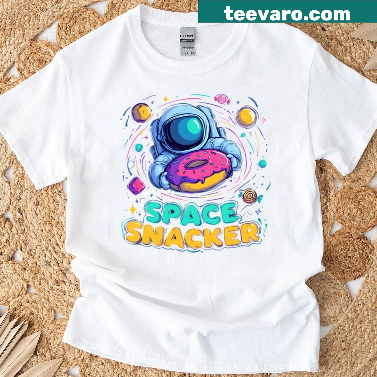 Astronaut with a donut in a playful street art style on a t-shirt — on a men's t-shirt