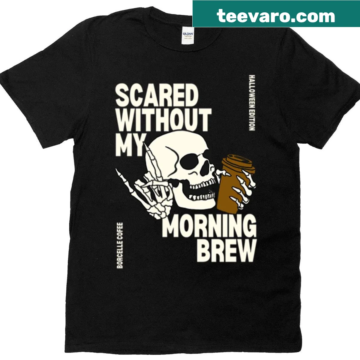 Funny Halloween coffee lover design featuring spooky elements — on a men's t-shirt