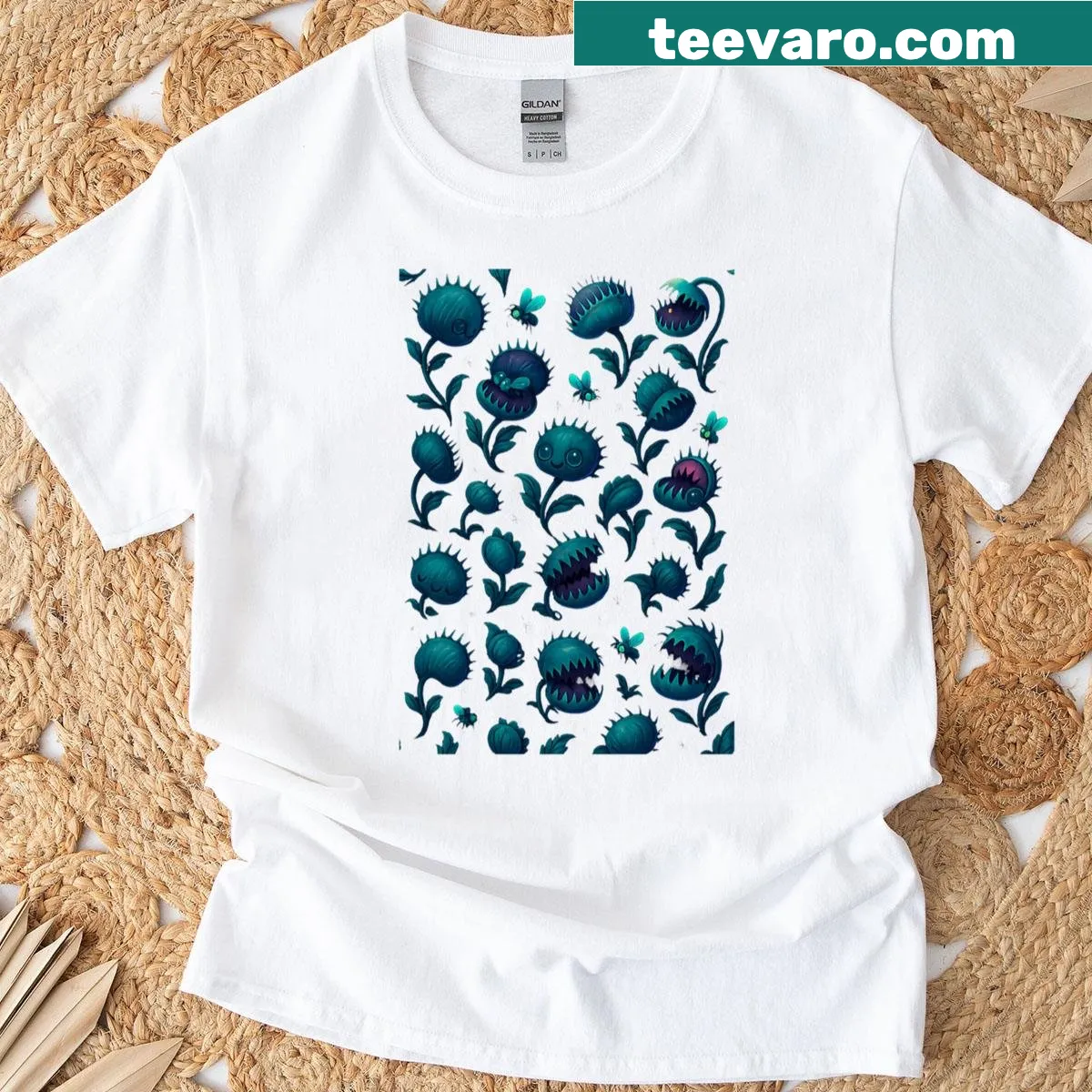 Spooky-cute Venus flytrap garden design on a T-shirt. — on a men's t-shirt
