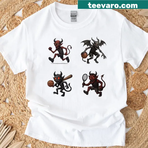 Cartoon of little devils playing sports on an oversized tee