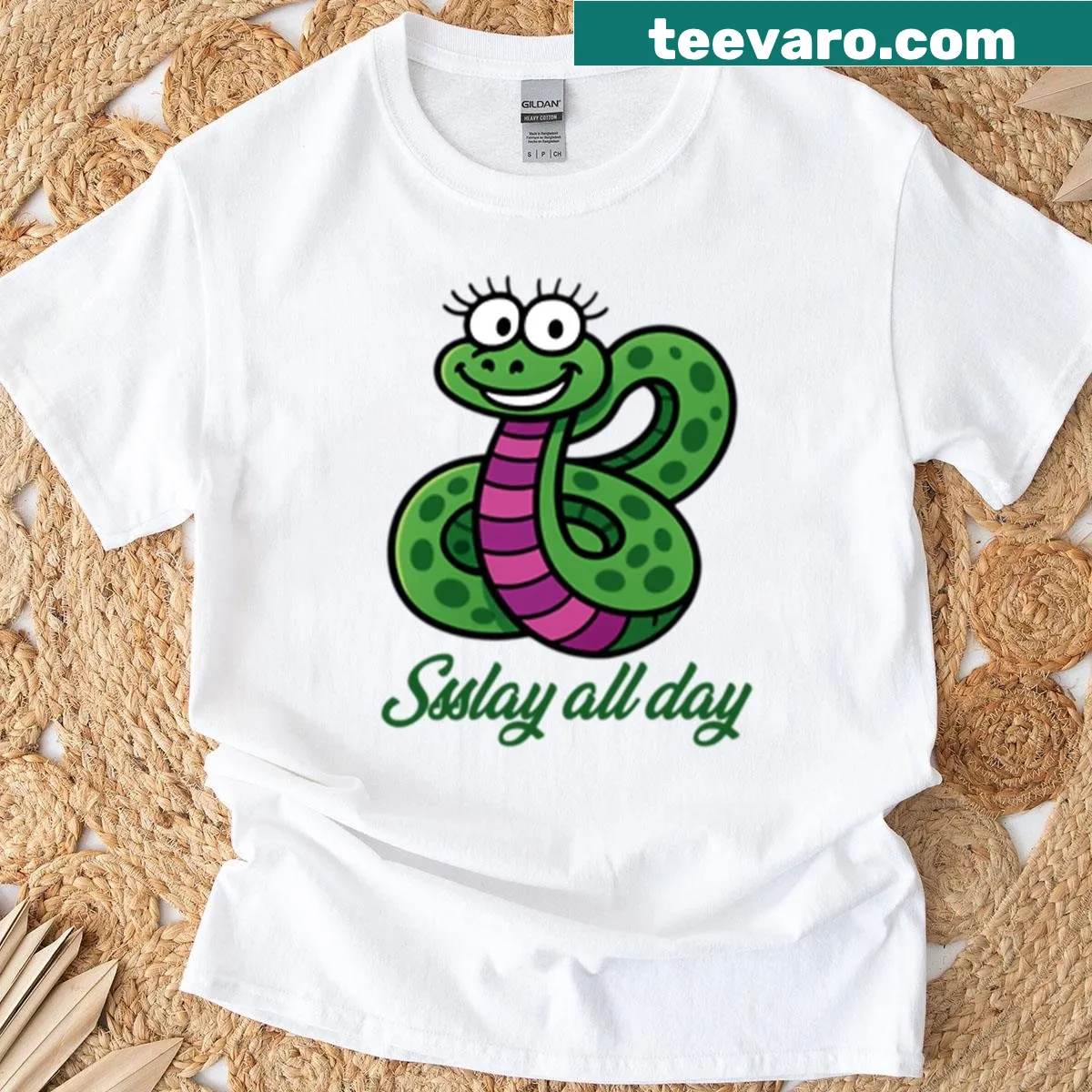 Sassy cartoon snake design with humorous text on a T-shirt. — on a men's t-shirt