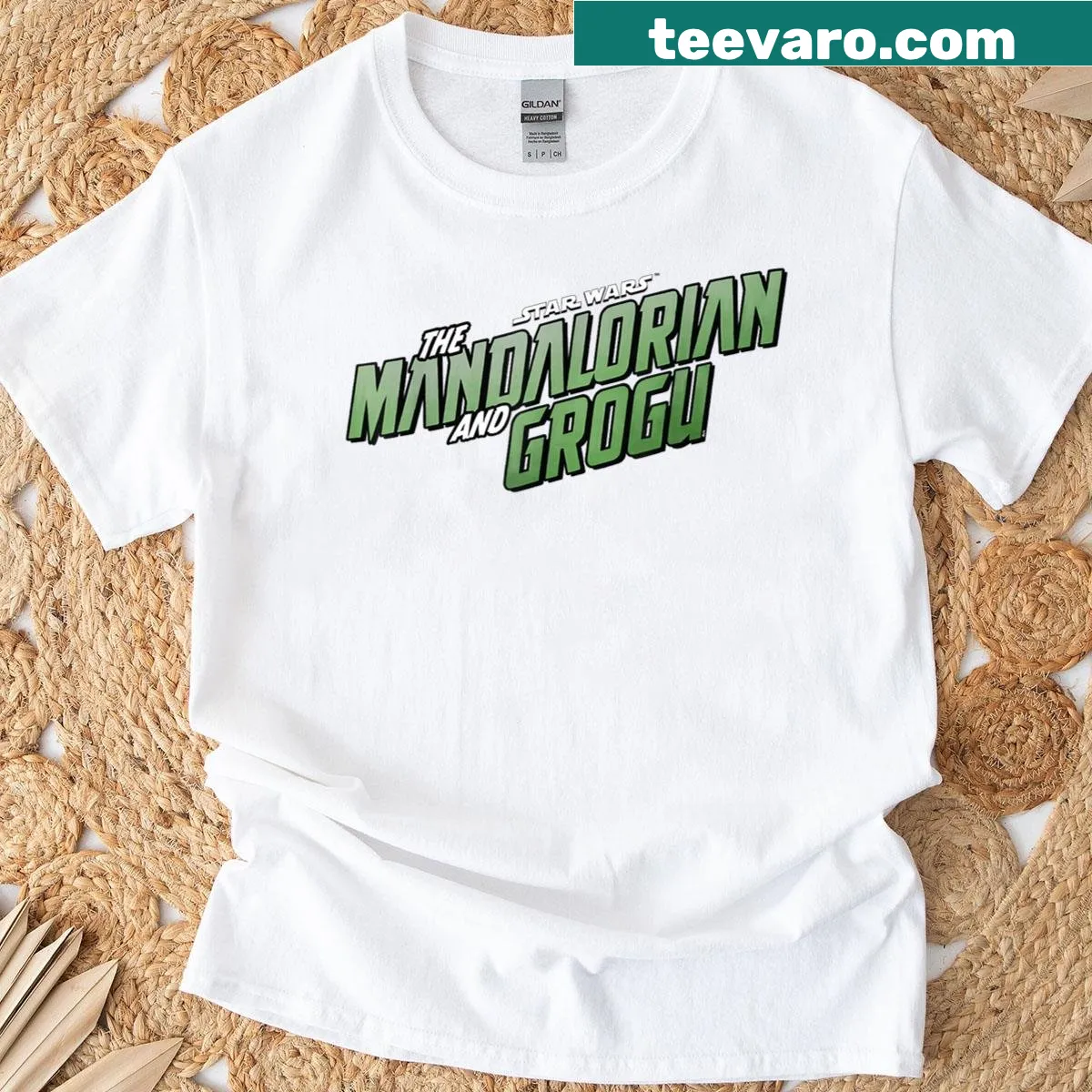 Official Star Wars Mandalorian logo T-shirt featuring Grogu — on a men's t-shirt